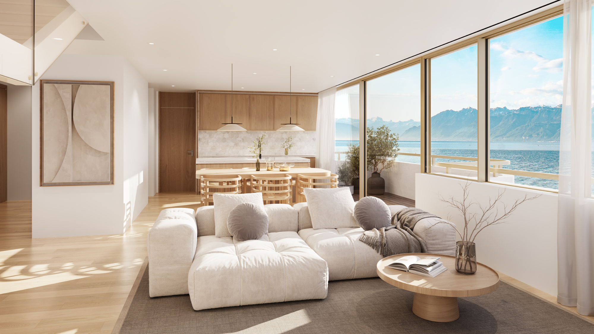 Présentation Duplex - Résidence Les Voiles - salon et salle à manger avec vue lac à Paudex