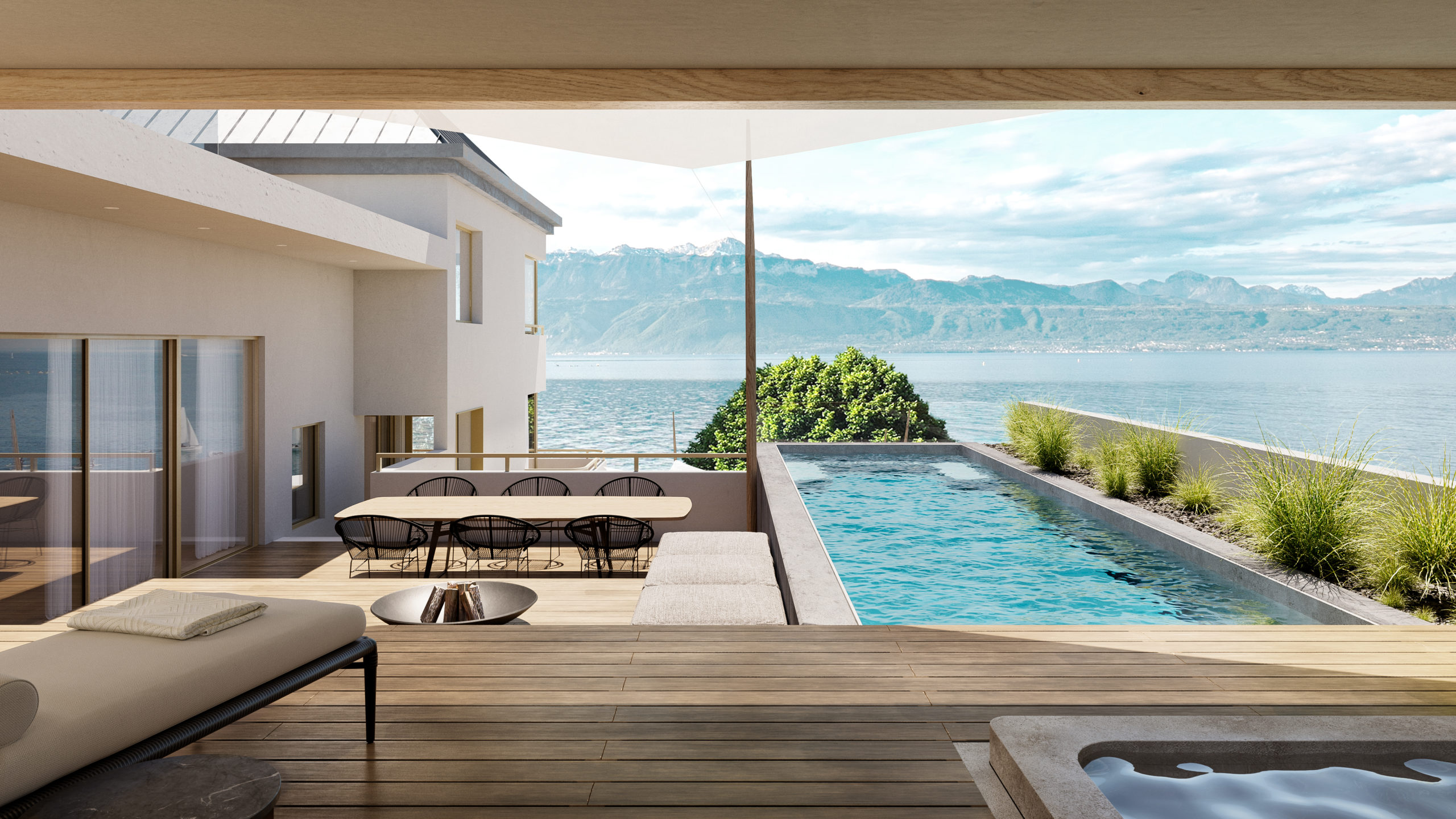 Résidence Les Voiles - Paudex Vue terrasse avec piscine